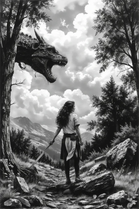 beautiful landscape, medieval warrior woman fighting a dragon with a sword,  multilayer paint splash style,  <lora:Luminous_Shadowscape:0.4> <lora:Hand v2:1> <lora:Anti-Blur:1> <lora:Insane Detail Slider:0.5>   <lora:Flux.1_Turbo_Detailer:0.6>   <lora:flux-photo-transparent_Alpha_1.0:0.8>  <lora:Wraith_BW_Flux:0.8> B&W
