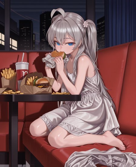 <lora:naruto05:1> naruto05,
(masterpiece), (best quality), (ultra-detailed), amazing quality, very aesthetic, illustration, perfect composition, intricate details, absurdres, incredibly absurdres, shiny skin, realistic,
 naruto05, 1girl, food, solo, blue eyes, dress, burger, ahoge, eating, long hair, cup,  food, indoors, looking at viewer, , barefoot, grey hair, white dress, french fries, two side up, hair ornament, table, window, bare shoulders, disposable cup, sleeveless, sitting, doughnut, sleeveless dress, general