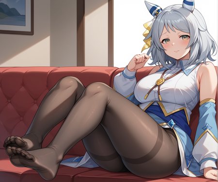 score_9,score_8_up,score_7_up,2D animation style,source_anime,anime screencap,rating_explicit,best quality,masterpiece,Japanese Anime Style,solo,1girl,looking at viewer,<lora:uma_hishi_miracle_ponyxl:0.9>,hishi miracle (umamusume),light brown eyes,grey hair,blue hair,bangs,medium hair,horse girl,horse tail,horse ears,hair ornament,ear covers,blue dress,collared shirt,detached sleeves,(puffy long sleeves:1.2),bare shoulders,black pantyhose,pantyhose,sleeveless,jewelry,plump,large breasts,thick thighs,shy,indoor,jitome,embarrass,sleeveless shirt,sitting on chair,otaku room,sofa,on_side,lying,half closed eyes,lying on the sofa,foot focus,foot fetish,toes,