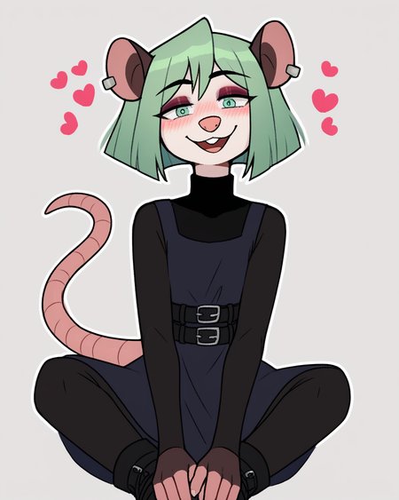 score_9_up, score_8_up, score_7_up, score_6_up, by remanedur, half-length portrait, small breasts, green hair, possum, black turtleneck, (blowing kiss), pose, sitting, open mouth,  green eyes, eyeshadow, female, looking at viewer, tail, dress, blush, solo, ear piercing, short hair, smile, black footwear, belt, three-quarter view, head tilt, simple background, white outline, <lora:Leah_Pines(AIM)_XL_v1:0.15> <lora:PDXL_artist_tags_v2_big:0.55> <lora:The-Minuscule-Task_PDXL_v1.0:0.65> <lora:Nova_Nightingale_jopitr:0.65>
