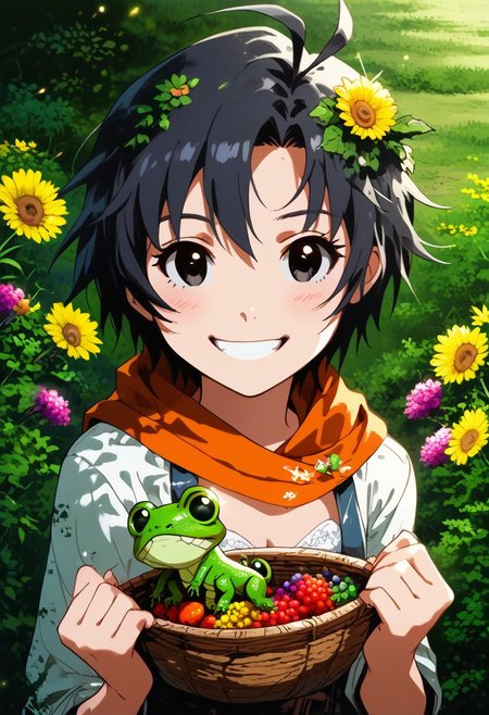 (zPDXL2), score_9, score_8_up, score_7_up, score_6_up, source_anime, <lora:Worldly_XL:1> volumetric lighting, warm colors, motion effects, best quality, wallpaper art, looking at viewer, woods, frogs, berries, flowers, insects
1girl, solo, 18 year old, Little Red Riding Hood on a path in the woods, holding basket with frogs, delicate and smooth skin, cleavage, shy smile, eyes open, low cut, 
<lora:KikuchiMakoto_pony_v1:0.9> kkcmkt, short hair, black hair, antenna hair, hair between eyes, black eyes, flat chest,  small breasts, 
Expressiveh,  <lora:c0l0urc0r3XLP2:0.40> c0l0urc0r3, cute, bright colours, candy, <lora:RELSM_v1:0.90> <lora:[GP] somethingweirdv1 [Pony XL]:0.20>