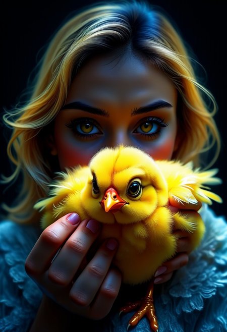 1 woman holds a small yellow chick in her hand. The chick is very fluffy and has big, sweet eyes.
silhouette colors, cosmic frame, black background, portrait, photo, closed eyes, cinematic perfect, intricate, stunning fine details,
ultra-sharp, exquisite details, flawless composition, vivid colors, masterpiece, exciting background. , High Definition HD, high details, perfect composition, 
best quality, ultra-detailed, very aesthetic, illustration, perfect composition, intricate details, absurd, atmospheric lighting, streaks of light, vibrant colors, very detailed, midjourneyv6.1, detail background, perfection, double exposure, Jed-dblexpsre effect