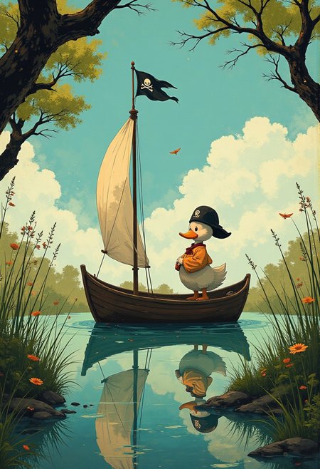 he illustration features a whimsical and confident duck who firmly believes herself to be the greatest pirate of all time. She stands proudly on the deck of a comically tiny sloop, her chest puffed out and her eyes gleaming with bold determination. The sloop, a modest wooden vessel, sails along a small, gently flowing brook. Its single mast holds up a makeshift sail fashioned from a plain white bed sheet, its corners haphazardly knotted but somehow catching just enough wind to move the little boat forward.
At the very top of the mast, a black flag flutters in the breeze .The flag displays a white duck emblem framed by two white feathers The pirate duck herself is adorned with an oversized, feathered tricorn hat, the plume swaying dramatically in the wind.
The scene is set in a tranquil natural environment, the brook bordered by lush, vibrant greenery. Small bushes and trees frame the image, their leaves providing a canopy of soft light that dapple the water's surface. A few dragonflies and butterflies flit about, adding to the charm and liveliness of the scene.
Rendered in a style that blends the realism of nature photography with whimsical cartoon elements, the image playfully juxtaposes the duck’s grandiose ambitions with the simplicity of her setting, creating a heartwarming and amusing visual narrative.