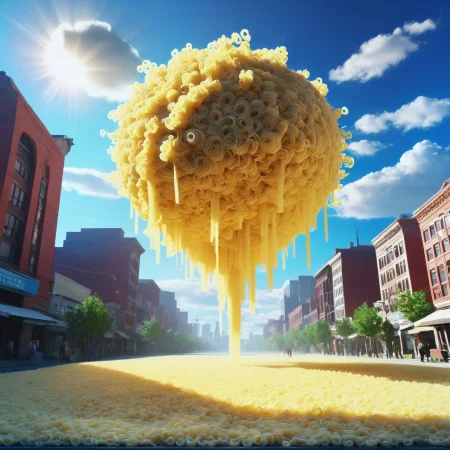 made of noodles, noon, blue sky, clouds, architecture,  Post-Punk downtown in a Meteor Shower Fields<lora:sendnoodles-sdxl-adam-e:1>