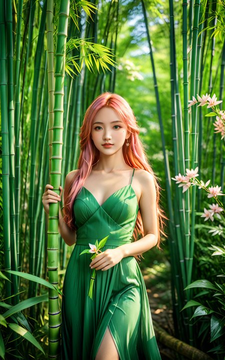 upper_body,<lora:yuukananri-base-02-XL:0.7>,yuukananri,1girl with long pink hair,happy,green eyes,wearing an elegant green long dress,holding a piece of bamboo in her hands,standing in a lush bamboo forest surrounded by vibrant flowers and greenery,realistic photography style,cinematic photo peering through the trees with depth of field blurring effect,natural light,35mm photograph,professional,4k,highly detailed,Golden hour lighting,Depth of field F2,Rule of Thirds Composition,Cinematic Lighting,(masterpiece:2),(best quality:1.1),<lora:detailed_notrigger:1>,<lora:xl_more_art-full_v1:0.9>,