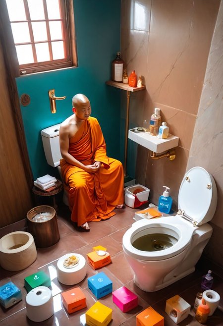 breathtaking (otherworldly),highly insanely detailed,masterpiece,top quality,best quality,highres,4k,8k,RAW photo,(beautiful and aesthetic), Buddha, monk, Silhouettes of dazzling,rich colors,<lora:add_detail:0.7>,(mewkledreamy:1.1), . award-winning, professional, highly detailed, meditating, easynegative, ruanyi0181,indoors,toilet, Buddha, monk, DeepNegative_xl_v1