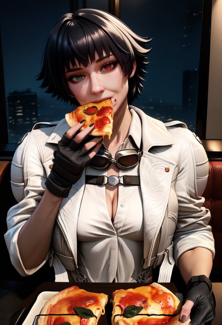 masterpiece, best quality, newest, hdr, night, indoors, restaurant, pov across table, looking at viewer, eating, holding pizza, pizza slice, food on face, food, 1girl, solo, 
ad1yd, short hair, black hair, bangs, heterochromia, red eyes, green eyes, goggles, goggles around neck, white shirt, cropped jacket, white jacket, long sleeves, sleeves rolled up, black gloves, fingerless gloves,
<lora:Lady DMC 5 Illustrious:1>
