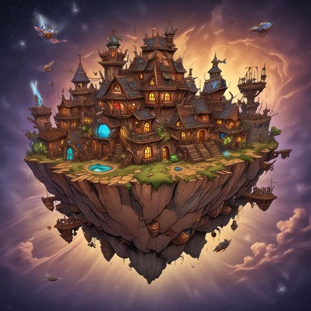 lumenarium, floating island, surrounded by flying ships, fantasy space