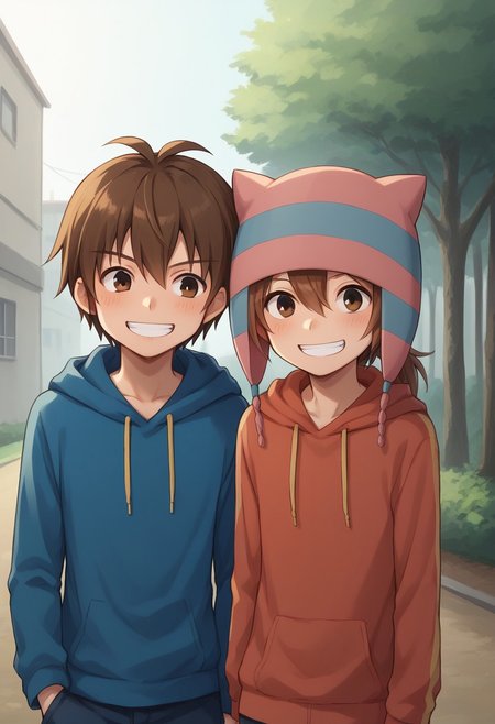 score_9, score_8_up, score_7_up, source_anime, highly detailed, 2boys,
matsuno, 1boy, male focus, brown hair, ponytail black eyes, hat, animal hat, grin, hoodie,BREAK
handa, 1boy, male focus, brown hair, hair between eyes, brown eyes,  hat, animal hat, smile, embarassed, hoodie, BREAK
outdoor,