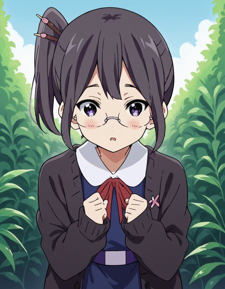 score_9, score_8_up, score_7_up, source_anime, <lora:shiori-asagiri-s1-ponyxl-lora-nochekaiser:1>, shiori asagiri, short hair, black hair, hair ornament, glasses, purple eyes, side ponytail, hair stick,, school uniform, open clothes, cardigan, open cardigan, ribbon, red ribbon, dress, blue dress, black cardigan,, conservatory, plants, glass roof, sunlight, greenery, , <lora:x-arms-ponyxl-lora-nochekaiser:1>, x arms, blush, open mouth, leaning forward,, looking at viewer, solo,, dutch angle, cowboy shot