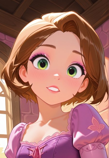 dlh, masterpiece, best quality, amazing quality, very aesthetic, absurdres,  newest, detailed background, upper body,  indoors, dynamic angle, perfect eyes, beautiful eyes,
rapunzelxd, 1girl, solo, brown hair, green eyes, short hair, teeth, upper body, purple dress,  makeup, puffy sleeves,  looking at viewer
 <lora:Rapunzel_-_Disney_Illustrious_r1:1>