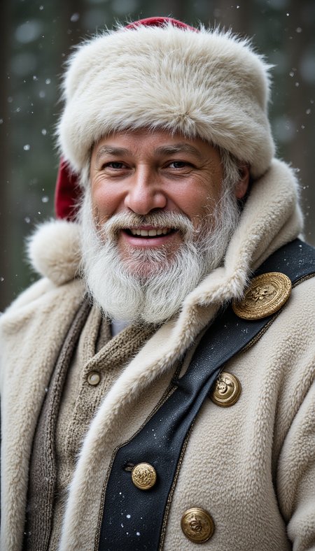 A jovial Santa Claus, hyperrealistic portrait, in a snowy forest setting. The Santa has a thick, white fur hat, a full white beard and mustache, and a  creamy-white, textured coat with faux fur trim. The coat has decorative black leather-like panels with golden buttons and embellishments. A gold emblem is noticeable on the coat's shoulder. The scene is wintery with light snowfall, softly highlighting the details of the fur and textures. The background is a dark muted green/gray, with bokeh suggesting soft light and blurred trees. The colors are primarily muted whites, creams, grays, and a touch of gold. Soft lighting casts a warm glow on Santa creating a cozy, festive atmosphere. hyp3rd3tail style <lora:hyper-detail-illustration:0.5>, aidmarealisticskin <lora:aidmaRealisticSkin:0.9>, Black and White, Blue themed color, Cyan themed color, Green themed color, Magenta themed color, "Orange themed color, Pink themed color, Purple themed color, Red themed color, Sepia themed color, Neutral themed White color, Yellow themed color <lora:film cinematic dramatic color style v2.1:0.5>,  <lora:Flux_Christmas_Décor_v.1:1>