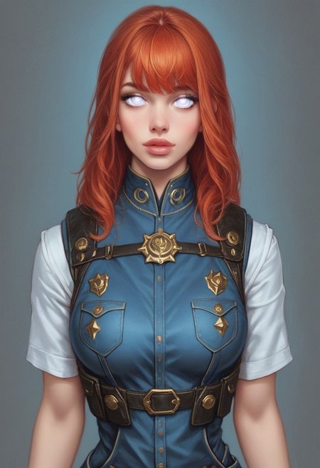 comic style, looking at viewer, highly detailed, source_comic_illustration, from front, 1girl, illustration, comic style, looking at viewer, highly detailed, source_comic_illustrationskinny, looking at viewer, 1girl, masterpiece, best quality, cowboy shot, girl, realistic drawing, anime, by Sam Yang, sharp highly detailed 2d illustration, comic art, (hyperrealism, soft light, sharp), post-apocalyptic style
BREAK
((((1girl, cute face, dynamic pose, post-apocalyptic style
Glowing aura surrounding a futuristic character like the Nomad, (clad in a futuristic detailed survival blue overalls), (((futuristic army vest armor))) patches on suit, redhead, long bangs, holographic blue light streaks, medium breasts, (big shining white eyes without pupils:1.5), dynamic pose)))), modest smile
BREAK 
((((full closed))))
post-apocalyptic style background score_9, score_8_up, score_7_up, score_6_up, source_cartoon, rating_explicit, Expressiveh, (((((upper body))))), dynamic pose