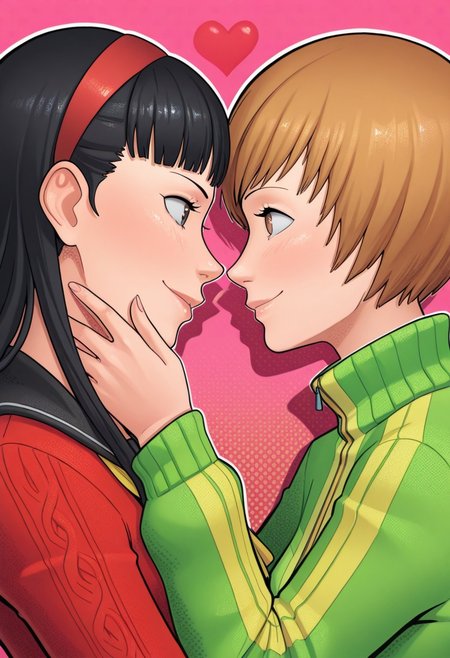 (2girls, duo),
masterpiece, best quality, amazing quality,
rzlln, (halftone, halftone shadows),
eye contact, yuri, satonaka chie, amagi yukiko, clothed, smile, hearts, upper body,