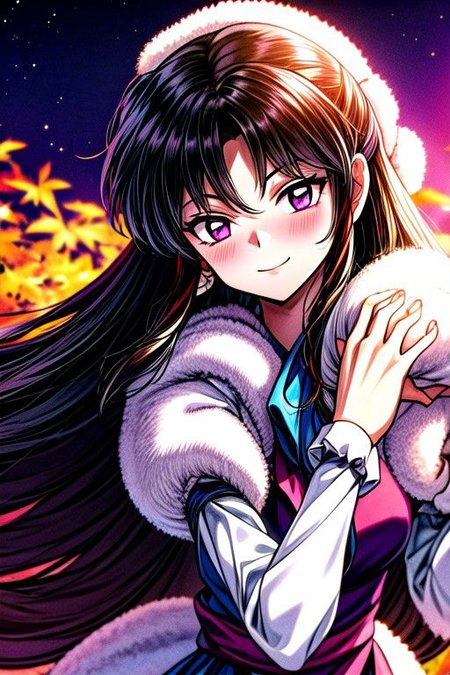 masterpiece,  best quality 1girl Setsun4 solo long hair,  (night time) forest background black hair very long hair purple eyes multicolored hair armor (fur trim) (medium body),<lora:EMS-179-EMS:0.800000>,<lora:EMS-293862-EMS:0.800000> bow, hair_bow, hair_tubes, red_bow, brown_hair, long_hair, bangs, sidelocks, ascot, brown_eyes, frilled_bow, yellow_ascot, blush, smile, hair_between_eyes