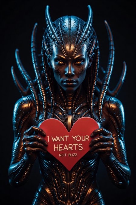 Alien from the movie Alien, dark and shiny holding a red heart shaped card that says "I WANT YOUR HEARTS NOT BUZZ"
