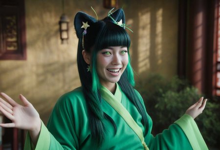 masterpiece, best quality, 8k, amazing quality, photorealistic, scinematic, Volumetric lighting, depth of field, wide angle, cinematic, realistic. 1girl, solo, <lora:Mao Mao:1> ma0ma0_default, green hair, long hair, blunt bangs, hair ornament, twintails, star eyes, freckles, hair over shoulders, multi-tied hair, half updo, chinese clothes,green hanfu, wide sleeves, long sleeves, looking at viewer, smile, animal ears, cat ears, animal ear fluff, excited, open mouth,