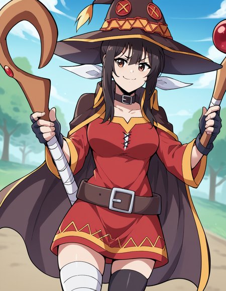 score_9, score_8_up, score_7_up, source_anime, <lora:uchika-hanesaki-s1-ponyxl-lora-nochekaiser:1>, uchika hanesaki, long hair, black hair, ribbon, brown eyes, hair ribbon, sidelocks, large breasts,, <lora:megumin-cosplay-ponyxl-lora-nochekaiser:1>, megumin cosplay, megumin (cosplay), thighhighs, gloves, hat, dress, black gloves, belt, black thighhighs, fingerless gloves, cape, collar, witch hat, bandages, red dress, single thighhigh, asymmetrical legwear, bandaged leg,, staff, holding staff, smug, outdoors, looking at viewer, cowboy shot,, , dutch angle, cowboy shot