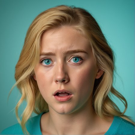 RAW photograph, Danish woman, 25 years old, golden blonde hair, aqua eyes,  medium close-up shot,  shot from the side, shocked expression, neutral uniform photostudio background, highly detailed, professional, soft volumetric lighting,  photographed on a Canon EOS R5, 50mm lens, F/2.8, HDR, 8k resolution, highres, high detail,