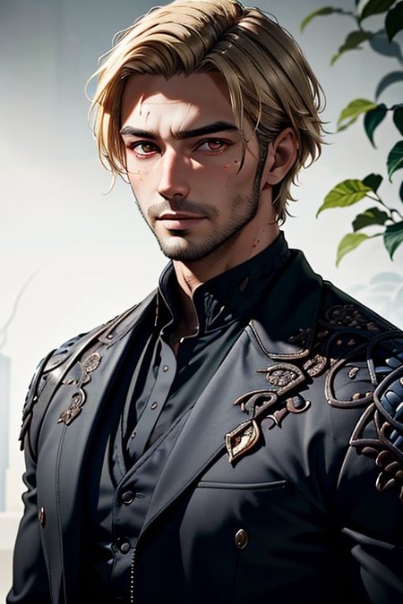 Master piece, highest quality, highest possible OverallDetail, semirealistic,  red eyes,
Create an elder of a cultivator sect.
The character looks like he is in his late twenties or early thirties. He is handsome.
He has blond shoulder-length shaggy hair. 
His eyes are darkblue. Detailed face. .
