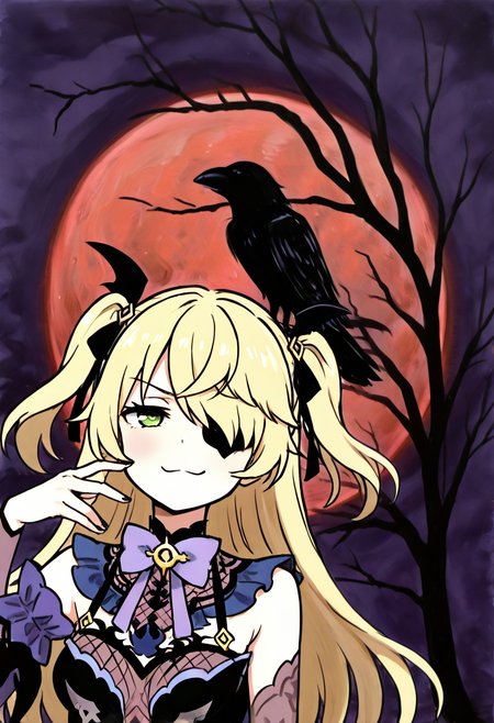 <lora:StylizedNightscape_IXL:1.3>,   (N1ght, solo, sky, tree, bird, moon, full moon, branch, bare tree, crow, red moon),  BREAK,  zzFischl, green eyes, hair over one eye, blonde hair, hair ribbon, long hair, two side up, black dress, hand up, smug,   <lora:FischlGenshinIXL:0.7>, (Close up, portrait),
