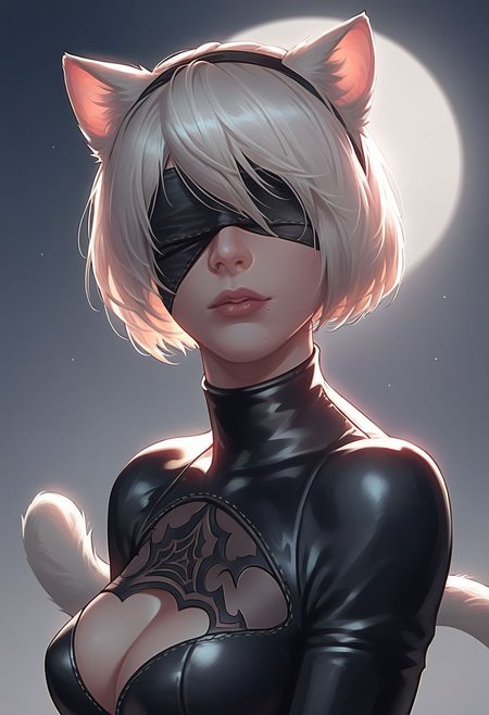 score_9, score_8_up, score_7_up, solo, 2b from nier automata, black_blindfold, (wearing fully black shiny latex catsuit), sexy pose, cat tail, night city background, detailed lighting