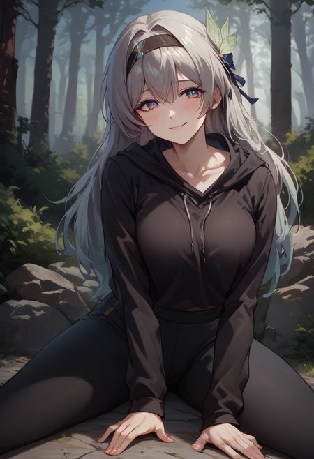 score_9, score_8_up, score_7_up, source anime, anime screencap, masterpiece, expressive eyes, perfect face, cinematic lighting, volumetric lighting, bloom, post processing, warm light, soft light, detailed background, detailed face, extremely detailed face, beautiful face,, 1 girl, solo,Firefly_Honkai, long hair, grey hair, , hairband , solo, , ,mature female, face down, ,black hoodie, black yoga pants, medium breasts,, , outdoors, satisfied, satisfied face, smile,,,  in forest, bush, tree trunk, sitting, looking at viewer