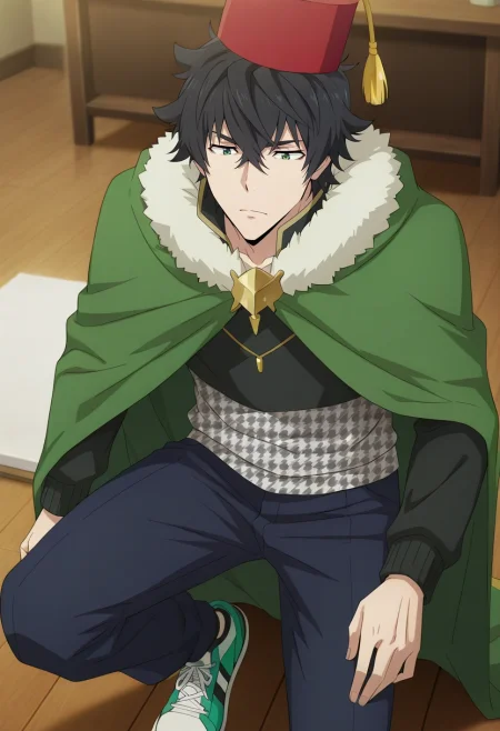 masterpiece, best quality, intricate details, anime screencap, anime coloring, , , 1boy, solo, male focus, <lora:naofumi_iwatani_ilxl:1>, naofumi_iwatani, black hair, green eyes, short hair, hair between eyes, bangs, green cape, fur trim, , Houndstooth Slim-fit cargo pants, Half-zip sweater, Canvas sneakers, Fez,