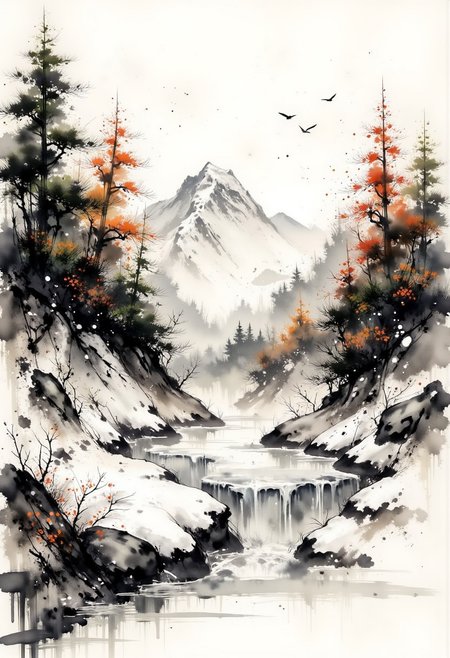 art on rice paper, sepia, henna , idyllic winter scene of ice forming around the margins of a mountain lake, snowy forest, snow falling