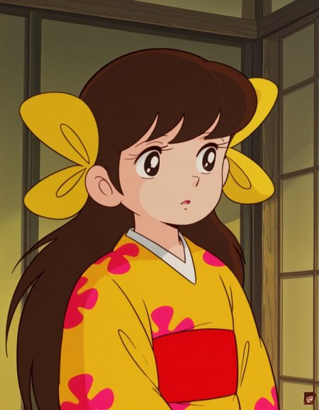 masterpiece, best quality, 
<lora:Sakura:1>, saku4a, long hair, brown hair, black eyes, yellow kimono, multiple hair bows, 1980s \(style\),