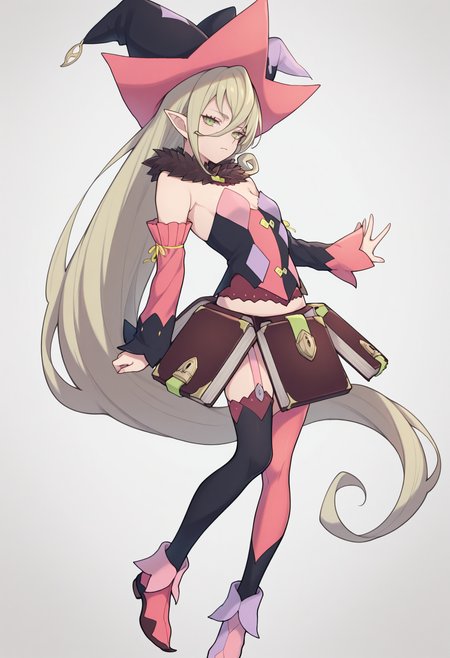 masterpiece, best quality, 1girl, solo, M4gil0u, green eyes, pointy ears, blonde hair, very long hair, hair between eyes, witch hat, fur collar, multicolored vest, strapless, detached sleeves, mismatched sleeves, book skirt, asymmetrical legwear, thighhighs, garter straps, mismatched footwear, <lora:ChamMagilouIllustriousXL:1>