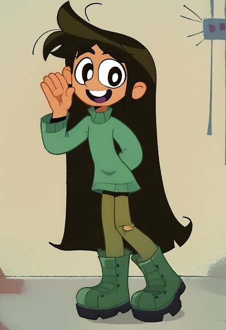 libby,1girl, solo, brown hair, long hair, messy hair, brown eyes, droopy eyes, green turtleneck sweater, long sleeves, tan-skinned female, beige pants, black army boots, full body, looking at viewer, standing, leaning forward, palms up, smile, :d, upper teeth only, powerpuff,  vv, two-finger salute,