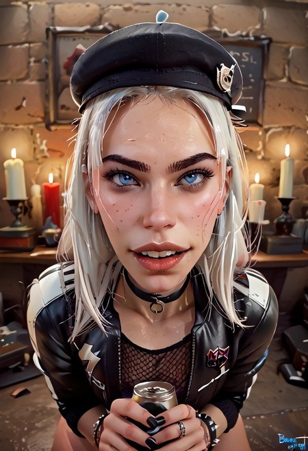 score_9, score_8_up, score_7_up, score_6_up, score_5_up, score_4_up,high details, perfect face,
KaraHitsuPXL, KaraH, 1girl, WHITE hair, WHITE long hair, WHITE bangs, big black dot eyes, buck teeth, teeth, parted, black beret, black choker with large ring, finger rings, leather bracelets with rings, goth war boots, varsity jacket,
cozy room, candles, blue fire, rock and roll, computer, grin, rock and roll sign, face focus, face close up, portrait, half-body photo, posing,
fishnet shirt, fishnet_bra, black nails, freckles, blush make-up, black lipstick, small chested, strong complexion, thick shoulders, fit, 
BlackWhiplash Style, D-ART, D-ART Style, 18dart3, 18dart2, 18DART1, !!, ??, X3dCE, 3d, 3dr7, mature female, 3D Render Style, zPDXL3