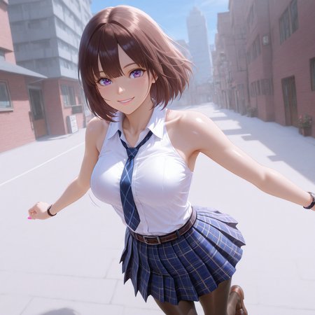 (masterpiece, best quality,solo:1.4),highres,illustration,8k,Ultra_realistic,(looking at viewer,  foreshortening,  collarbone),(shiny_eyes,sparkling_eyes,smile,spread arms,walking:1.2),
sheila,skirt,necktie,brown hair,sleeveless,sleeveless shirt,plaid skirt,blue necktie,purple eyes,plaid,white shirt,blue skirt,dress,wristwatch,medium hair,floral print,bare shoulders,collared shirt,bob cut,pleated skirt,black pantyhose,nail polish,school uniform,belt, brown footwear, 
medium breasts,bouncing breasts,outdoors,<lora:aidmaImageUpgrader-v0.3-IL:0.6>,<lora:sheila(IL):0.75>,