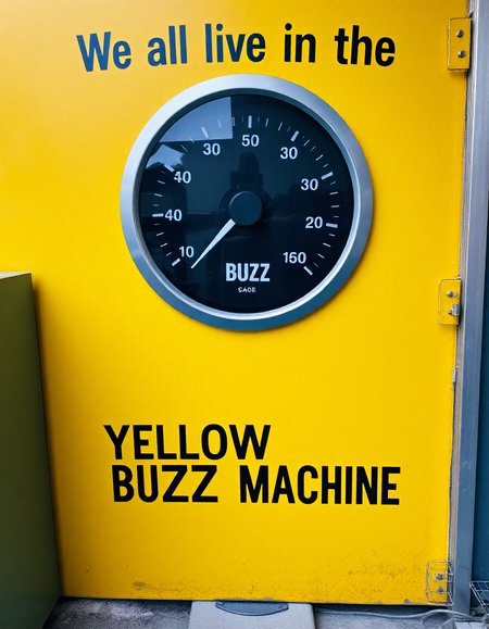 Yellow wall, big gauge in the middle, gauge showing low, gauge is labelled "BUZZ", text above "We all live in the", text below "YELLOW BUZZ MACHINE"
