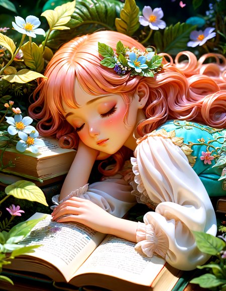 2d, anime screencap,  miniature girl sleeping on a book, vibrant colors, intricate details, soft natural lighting, ethereal glow, delicate facial features, realistic shadows, fine details in clothing and hair, ultra-quality, whimsical setting, lush botanical elements, detailed textures, elegant and enchanting, tiny hands resting, delicate flowers and leaves, magical atmosphere, nostalgic feel, detailed book cover, dreamy ambiance, artistic elegance