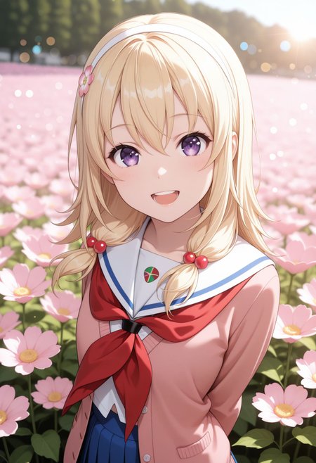 masterpiece,best quality,absurdres,highres,very aesthetic,high quality,detailed,insanely detailed,beautiful,perfect lighting, ,depth of field,blurry background,bokeh, looking at viewer, looking at viewer, flower field, smile, happy, open mouth, teeth, arms behind back, <lora:Reo Wakasa illu:1> 1girl, blonde hair, purple eyes, hair ornament, hairband, long hair, hair bobbles, pink cardigan, red neckerchief, serafuku, blue skirt