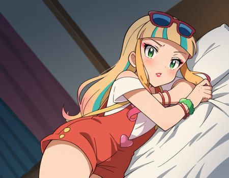 score_9, score_8_up, score_7_up, source_anime,
pokemonrisa, <lora:pokemon-risa-movie-ponyxl-lora-nochekaiser:1>,
risa, long hair, bangs, blonde hair, green eyes, multicolored hair, blunt bangs, makeup, lipstick,
shirt, jewelry, short sleeves, heart, bracelet, sunglasses, eyewear on head, overalls, overall shorts,
indoors, bed, bed room, on side, blush, drunk,
looking at viewer, cowboy shot, solo, dutch angle,
