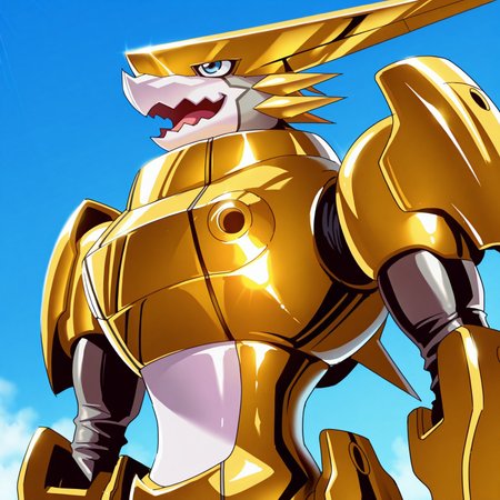 safe_pos, masterpiece, best quality, highly detailed, realistic, 1boy, solo, OmegaShoutmon, furry, anthro, scalie, wingless dragon, white mouth, blue eyes, armor, gold armor, afternoon, blue sky, detailed background, standing, smile, open mouth, tongue, upper body, looking up, windy, shiny armor, arms down, dutch angle, low-angle view, sunny