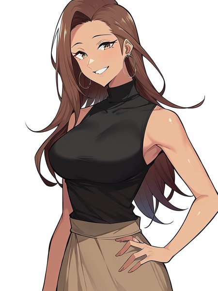 score_9, score_8_up, score_7_up,  
1girl, risa im, long hair, brown hair, asymmetrical hair, brown eyes, large breasts, hoop earrings,

standing, hand on hip, brown skirt, black t-shirt, sleeveless, turtleneck, smile, looking at viewer, white background,