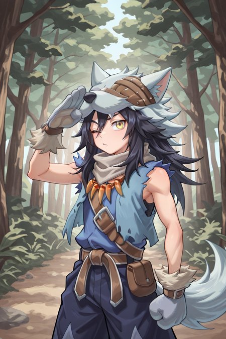 <lora:FlunkyIL:0.8> , fludef, 1boy, black hair, long hair, yellow eyes, wolf hat, wolf hood, wolf pelt, wolf tail, grey scarf, bandana around neck, necklace, tooth necklace, fur trim, blue vest, torn clothes, paw gloves, sandals, cowboy shot, (salute), one eye closed, rascal, exterior, forest, (solo), masterpiece, very aesthetic, absurdres, best quality, amazing quality, high resolution, detailed background,  <lora:illustrious_quality_modifiers_masterpieces_v1:0.8> , <lora:ChamIllustriousBackgroundEnhancer:0.5>