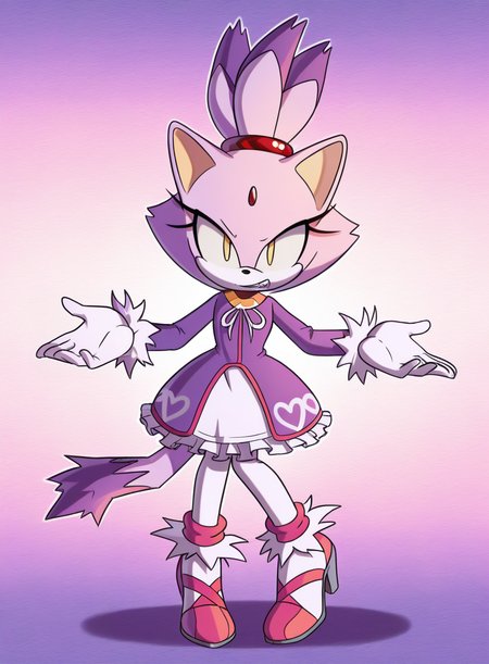 solo, <lora:krack:1> krackstyle, furry, no humans,
blaze the cat, purple fur, topknot, ponytail, cat tail, yellow eyes, idol outfit, heart motif dress, frilly skirt, pantyhose, heels, gloves, headband, standing, arms outstretched, wide grin, energized eyes, lively stance, extremely detailed, highres, masterpiece, best quality