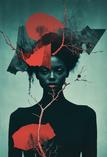analog film photo of collage, mixed media, art by Januz Miralles, [ centered composition, a paint smudge on a simple background : Stripcore aesthetic, portrait of Witchcore aesthetics, portrait of a beautiful Russian woman with a mischievous glint in her eye is playfully casting a spell with a wand crafted from a gnarled branch while surrounded by whimsical creatures : 4], abstract geometric gradients. (nvcmsdx, grainy texture). <lora:100_nvcmsdx_1:0.8>
rich red colors, stunning background. dark and moody, a mesmerizing blend of light and shadow. masterpiece, absurdres, intricate details, film grain, dynamic range, faded film, desaturated, 35mm photo, grainy, vignette, vintage, Kodachrome, Lomography, stained, highly detailed, found footage