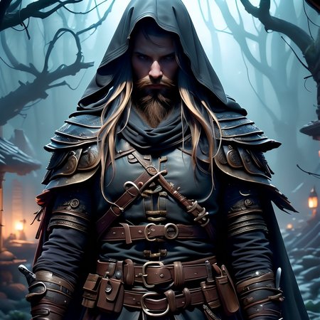 (masterpiece:1.2), (best quality,:1.2), 8k, HDR, ultra detailed, ((photorealistic)), perfect anatomy, professional light, cinematic lighting, ambient lighting, <lora:detail_slider_v4:1>, epic medieval fantasy, a (male) criminal, (beard), FaRo, <lora:FantasyRogues-10:1>, black leatherarmor, belt, cloak, in a dark forest, FaFo, <lora:FantasyForest-10:0.5>,  <lora:zoom_slider_v1:1>, <lora:fantasyAI:0.4> tanjoreai, in the style of Tolkien, Middle Earth, epiCPhoto