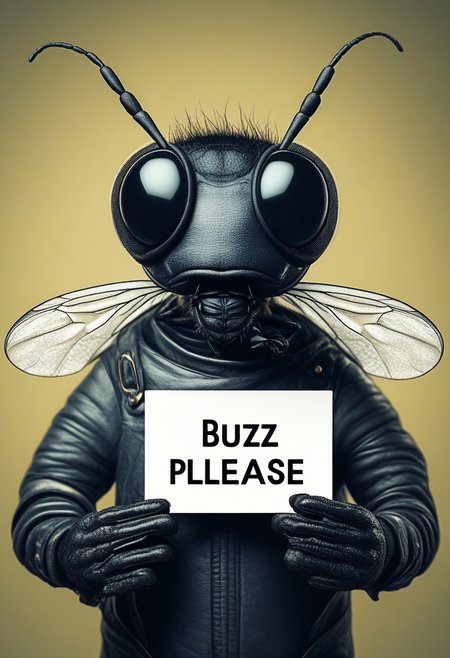 A man with the head of a housefly
holding a sign which reads: "Buzz Please!"
Anthropomorphic, cinematic setting