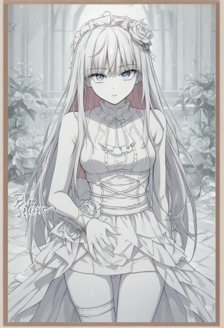((white theme:1.75)),((best quality)),((masterpiece)),((ultra-detailed)),(illustration),(detailed light),(an extremely delicate and beautiful),incredibly_absurdres,(glowing),(1girl:1.7),solo,a beautiful girl,(((cowboy shot))),standding,((Hosiery)),((beautiful dress+stocking):1.25),((Belts)),(leg loops),((flower headdress)),((short white hair)),(((beautiful blue eyes))),((english text)),(flower:1.65),(rose),(garden),(((border:1.75))),cozy animation scenes
