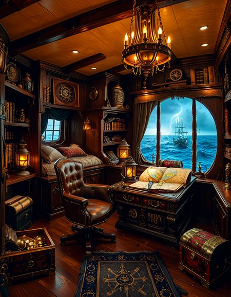 <lora:Captain_c4b1n:1>,Captain c4b1n
A richly detailed pirate captain's cabin aboard an 18th-century wooden ship. The room is dimly lit by flickering candlelight and a hanging oil lantern, casting warm golden glows on the dark oak walls. An ornate wooden desk sits at the center, covered with ancient, weathered maps, a golden compass, and scattered quills with ink bottles. A large, curved window at the back reveals the vast ocean under a moody, cloudy sky, with faint moonlight seeping in.
To the right, a massive wooden bookshelf filled with leather-bound books, nautical charts, and mysterious artifacts, some covered in dust. On the left, a polished mahogany chest with intricate carvings, partially open, revealing gold coins and shimmering gemstones. A grand captain's chair, upholstered in deep red velvet, sits behind the desk, exuding authority and power.
The wooden floor is rugged and slightly uneven, adorned with an old tattered rug. A cutlass and a flintlock pistol rest casually on the desk, while a pirate hat with a large feather hangs on the wall beside a mounted shipâs wheel. The atmosphere is both eerie and majestic, evoking the spirit of adventure and the mysteries of the sea.
<lora:SDXLFaeTastic2400:0.4> <lora:extremely_detailed:0.4> extremely detailed, Masterpiece,best quality,hi res,8k,hi res,8k,award winning,(sharp focus, intricate, highly detailed),