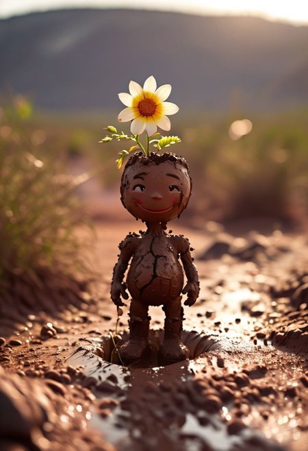 kawaii anthropomorphic mud holding cute flower in parched earth landscape, atmospheric lighting, bokeh, high resolution