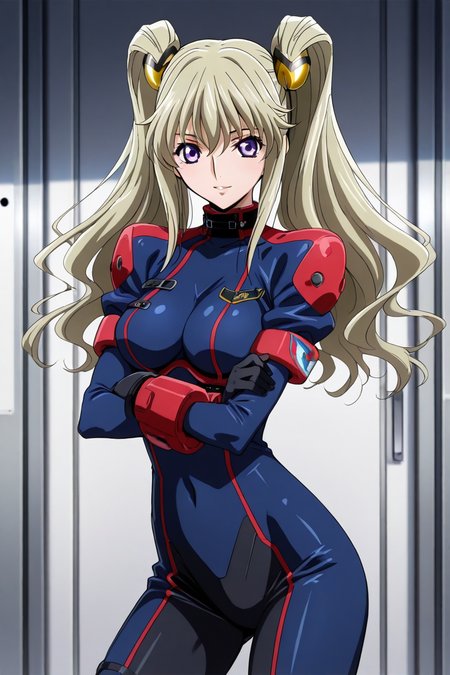 <lora:leila_malcal_CGA_illus:1>leila malcal, hair accessories, pilot suit, 1girl, solo, long hair, breasts, looking at viewer, smile, blonde hair, barrack, hair ornament,  gloves,  hair between eyes, twintails, medium breasts, standing, purple eyes, black gloves, bodysuit, <lora:Add_more_details_pony:0.8> proportional body, cowboy shot, contrapposto, sexy pose, crossing arms, side view,