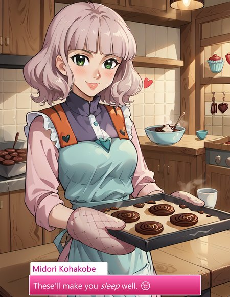 score_9, score_8_up, score_7_up, source_anime, anime screencap, baking valentines cookies, looking at viewer, blush, smile, gloves, holding, frills, food, indoors, apron, chocolate, cookie, oven mitts,  
pastel kitchen decor, warm lighting, fresh-out-of-the-oven aroma, festive decorations, soft oven mitts, red ribbon-tied gift boxes, steaming cup of cocoa, rustic wooden table, baking tools scattered neatly,  
candy hearts, powdered sugar dusting, heart-shaped sprinkles, handwritten recipe card, pink frosting bowl, silver piping tool, chocolate ganache bowl, mini cupcake stand, parchment-lined tray,  
festive baking mood, soft focus candlelight, cookies arranged in heart patterns, soft flour trails on table, delicate lace doilies under plates, neatly arranged napkins, pastel-colored measuring cups, Midori Kohakobe, Long, dark green hair, Wavy hair, Green eyes, Fair skin, Casual clothing, Relaxed style, No visible accessories, Slender build, midori, lips,
